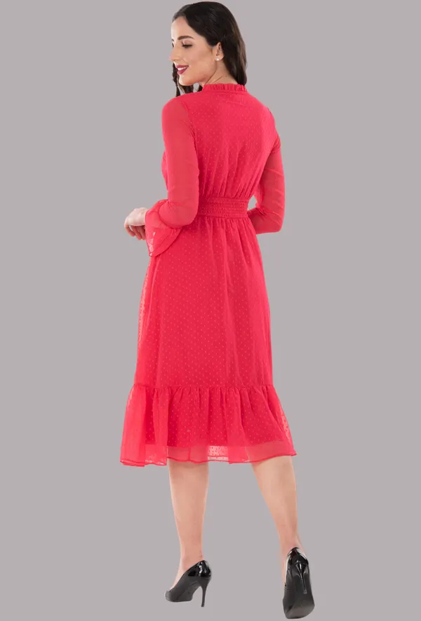Red_Georgette_Dobby_Dot_Smocked_Waist_Tie_Neck_Midi_Dress_For_Women_&_Girls