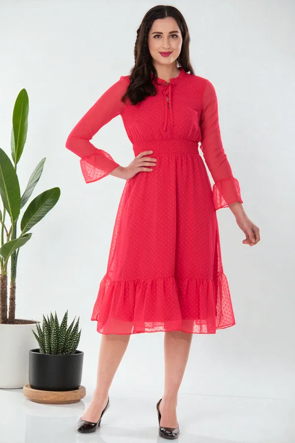 Red_Georgette_Dobby_Dot_Smocked_Waist_Tie_Neck_Midi_Dress_For_Women_&_Girls