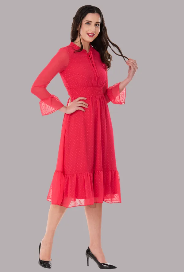 Red_Georgette_Dobby_Dot_Smocked_Waist_Tie_Neck_Midi_Dress_For_Women_&_Girls