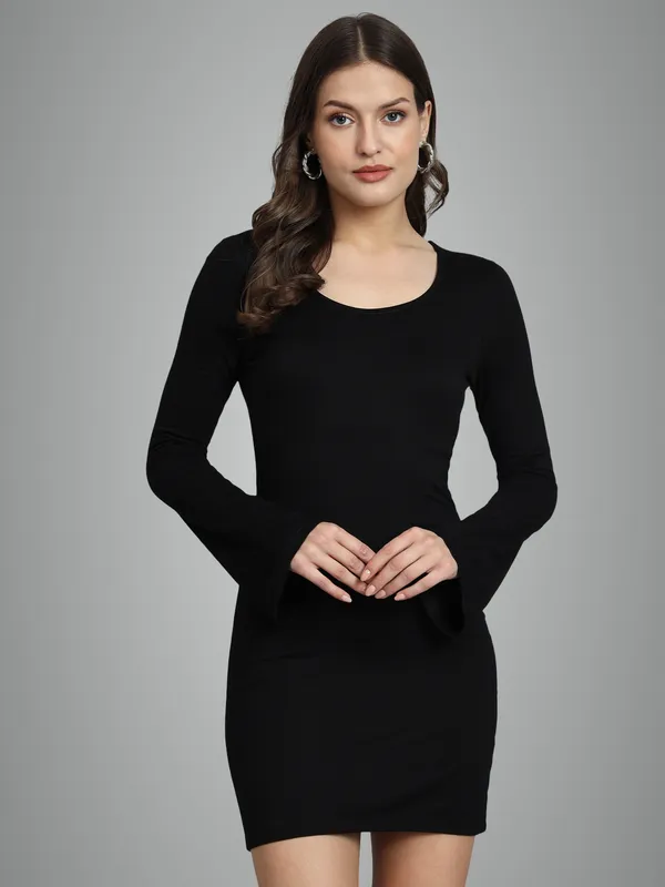 Black_Cotton_Blend_Solid_Full_Sleeve_Stretchable_Bodycon_Dress_For_Women_&_Girls