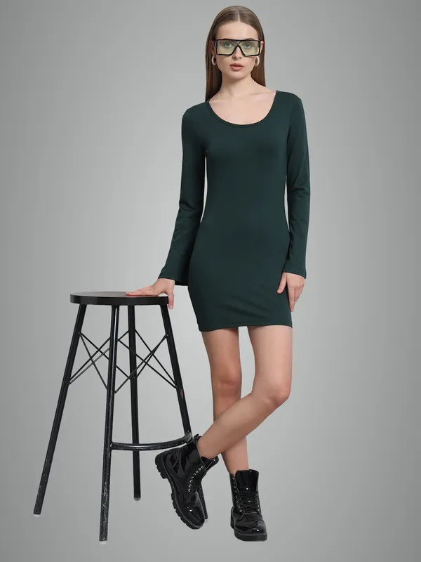 Bottle_Green_Cotton_Blend_Solid_Full_Sleeve_Stretchable_Bodycon_Dress_For_Women_&_Girls
