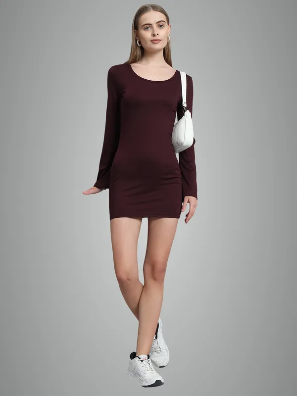 Wine_Cotton_Blend_Solid_Full_Sleeve_Stretchable_Bodycon_Dress_For_Women_&_Girls
