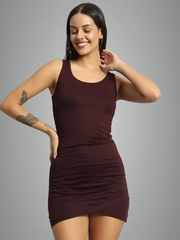 Wine_Cotton_Blend_Solid_Sleeveless_Stretchable_Wrap_Bodycon_Dress_For_Women_&_Girls