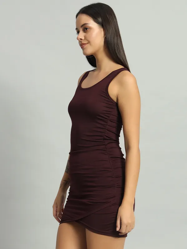 Wine_Cotton_Blend_Solid_Sleeveless_Stretchable_Wrap_Bodycon_Dress_For_Women_&_Girls