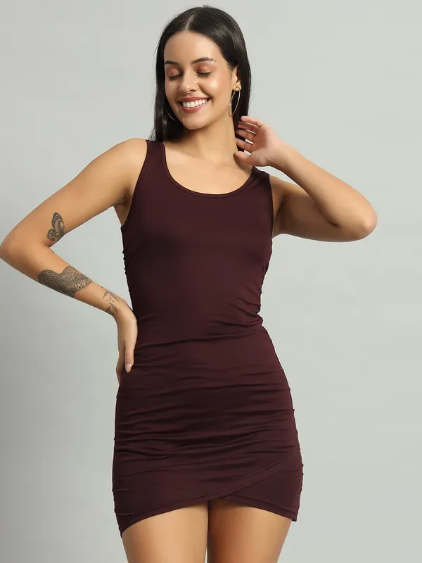 Wine_Cotton_Blend_Solid_Sleeveless_Stretchable_Wrap_Bodycon_Dress_For_Women_&_Girls