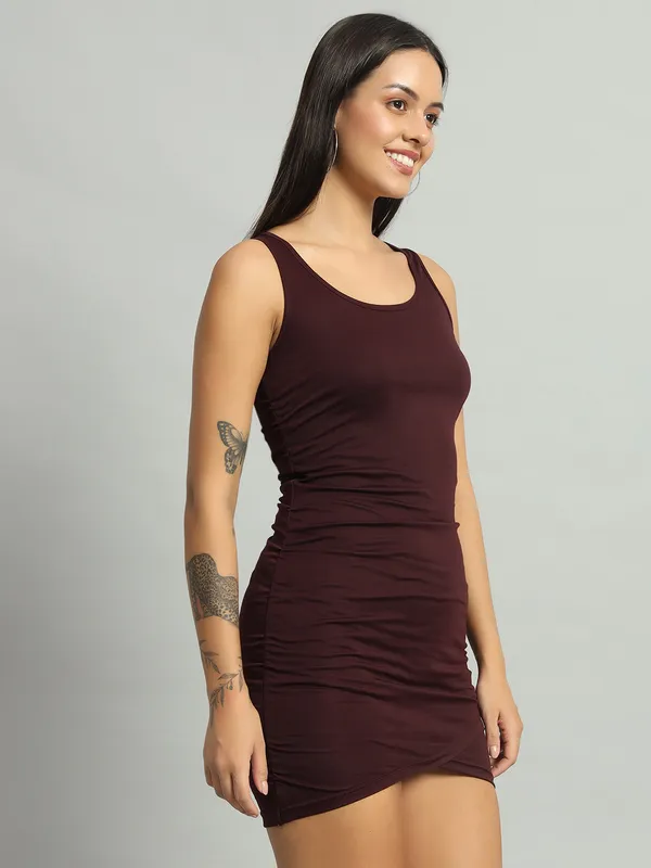 Wine_Cotton_Blend_Solid_Sleeveless_Stretchable_Wrap_Bodycon_Dress_For_Women_&_Girls
