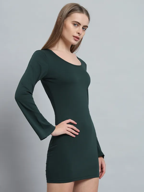Bottle_Green_Cotton_Blend_Solid_Full_Sleeve_Stretchable_Bodycon_Dress_For_Women_&_Girls