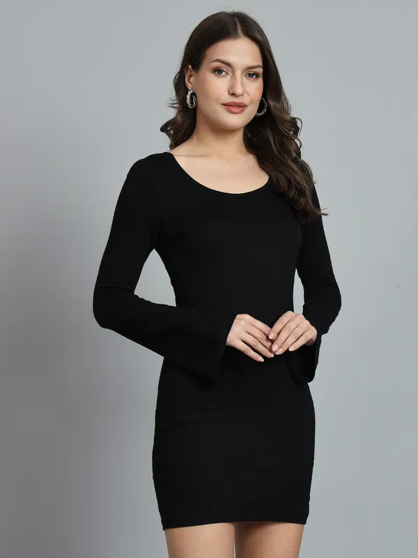 Black_Cotton_Blend_Solid_Full_Sleeve_Stretchable_Bodycon_Dress_For_Women_&_Girls