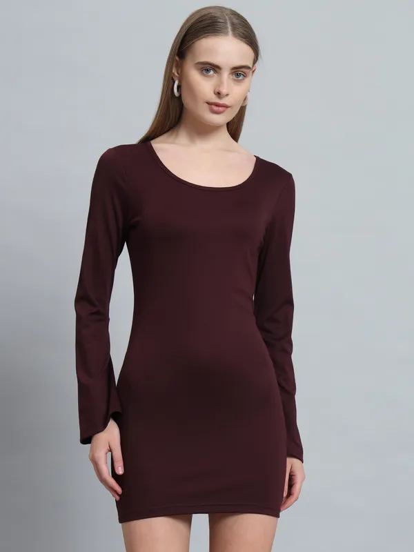 Wine_Cotton_Blend_Solid_Full_Sleeve_Stretchable_Bodycon_Dress_For_Women_&_Girls