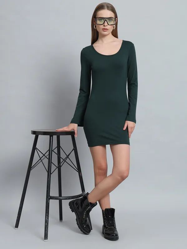 Bottle_Green_Cotton_Blend_Solid_Full_Sleeve_Stretchable_Bodycon_Dress_For_Women_&_Girls