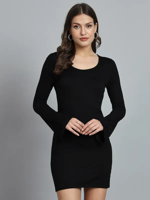 Black_Cotton_Blend_Solid_Full_Sleeve_Stretchable_Bodycon_Dress_For_Women_&_Girls
