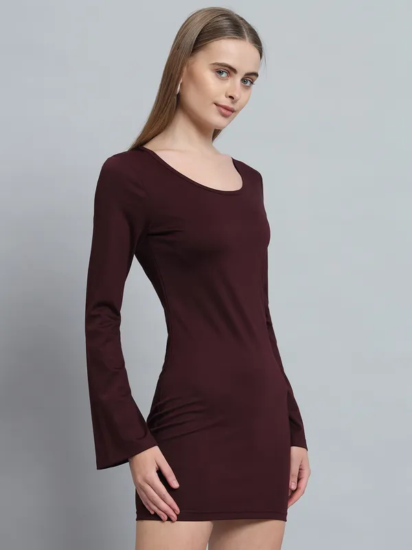 Wine_Cotton_Blend_Solid_Full_Sleeve_Stretchable_Bodycon_Dress_For_Women_&_Girls