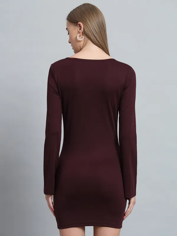 Wine_Cotton_Blend_Solid_Full_Sleeve_Stretchable_Bodycon_Dress_For_Women_&_Girls