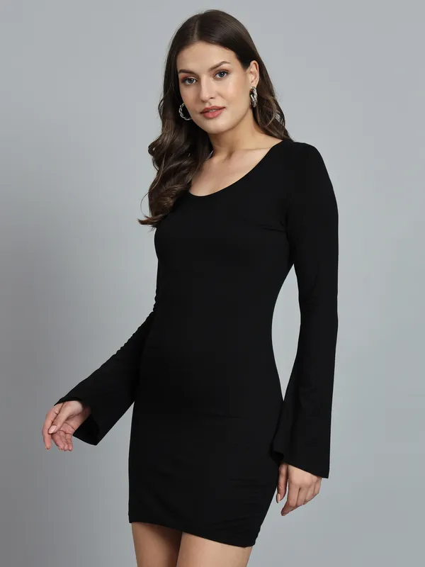 Black_Cotton_Blend_Solid_Full_Sleeve_Stretchable_Bodycon_Dress_For_Women_&_Girls