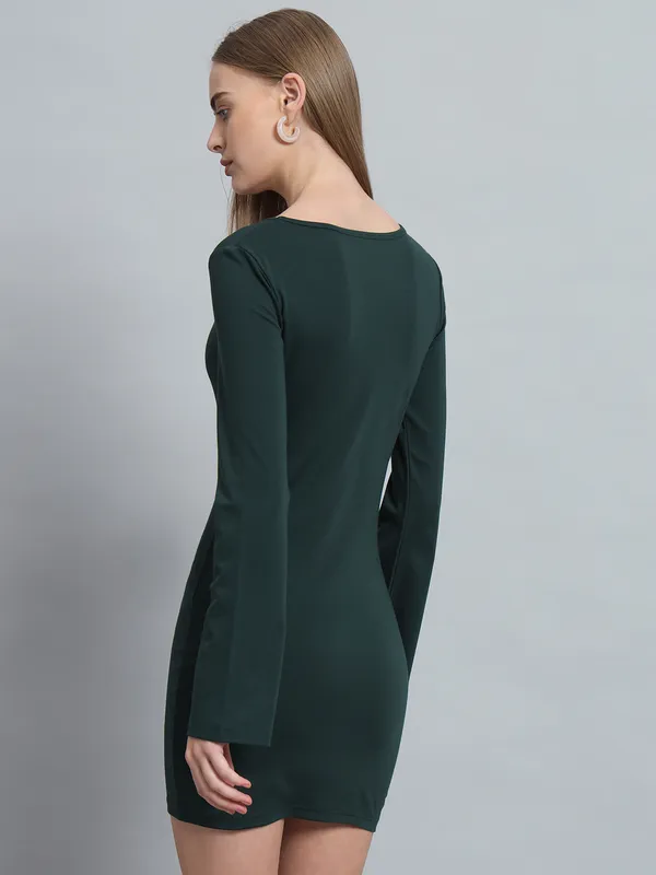 Bottle_Green_Cotton_Blend_Solid_Full_Sleeve_Stretchable_Bodycon_Dress_For_Women_&_Girls