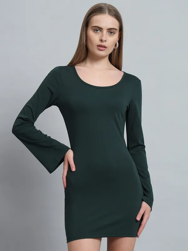 Bottle_Green_Cotton_Blend_Solid_Full_Sleeve_Stretchable_Bodycon_Dress_For_Women_&_Girls