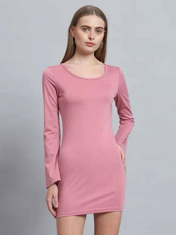 Light_Pink_Cotton_Blend_Solid_Full_Sleeve_Stretchable_Bodycon_Dress_For_Women_&_Girls