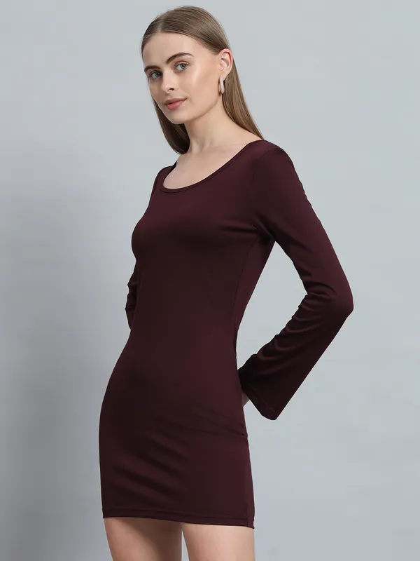 Wine_Cotton_Blend_Solid_Full_Sleeve_Stretchable_Bodycon_Dress_For_Women_&_Girls