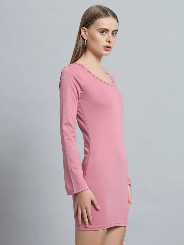 Light_Pink_Cotton_Blend_Solid_Full_Sleeve_Stretchable_Bodycon_Dress_For_Women_&_Girls