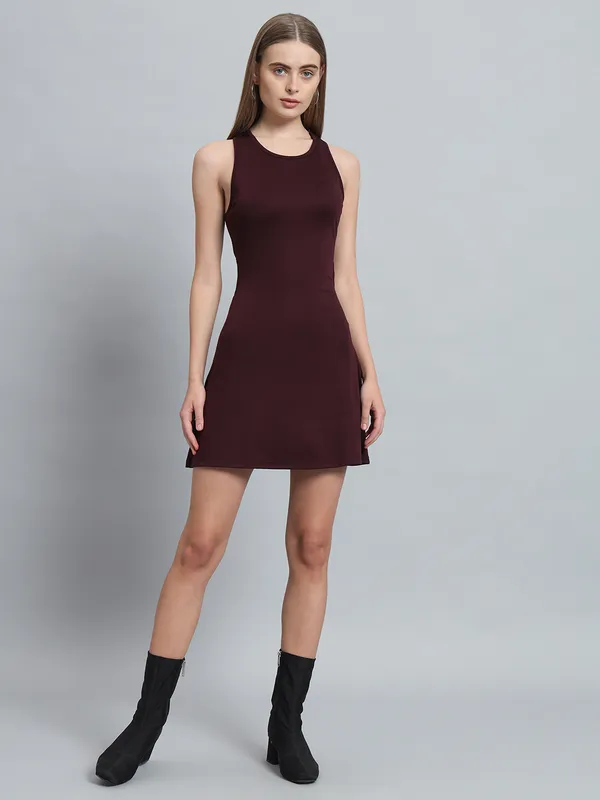 Wine_Cotton_Blend_Solid_Sleeveless_Stretchable_Skater_Dress_For_Women_&_Girls