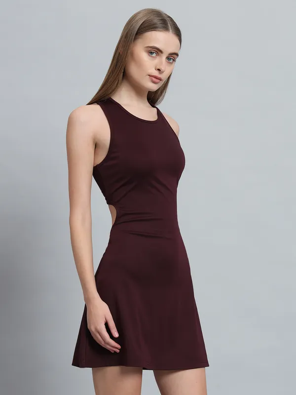 Wine_Cotton_Blend_Solid_Sleeveless_Stretchable_Skater_Dress_For_Women_&_Girls