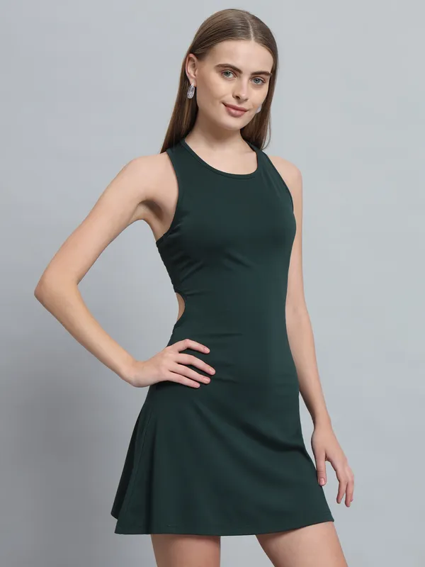 Bottle_Green_Cotton_Blend_Solid_Sleeveless_Stretchable_Skater_Dress_For_Women_&_Girls