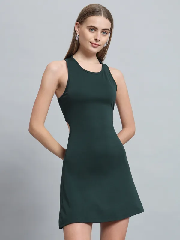Bottle_Green_Cotton_Blend_Solid_Sleeveless_Stretchable_Skater_Dress_For_Women_&_Girls