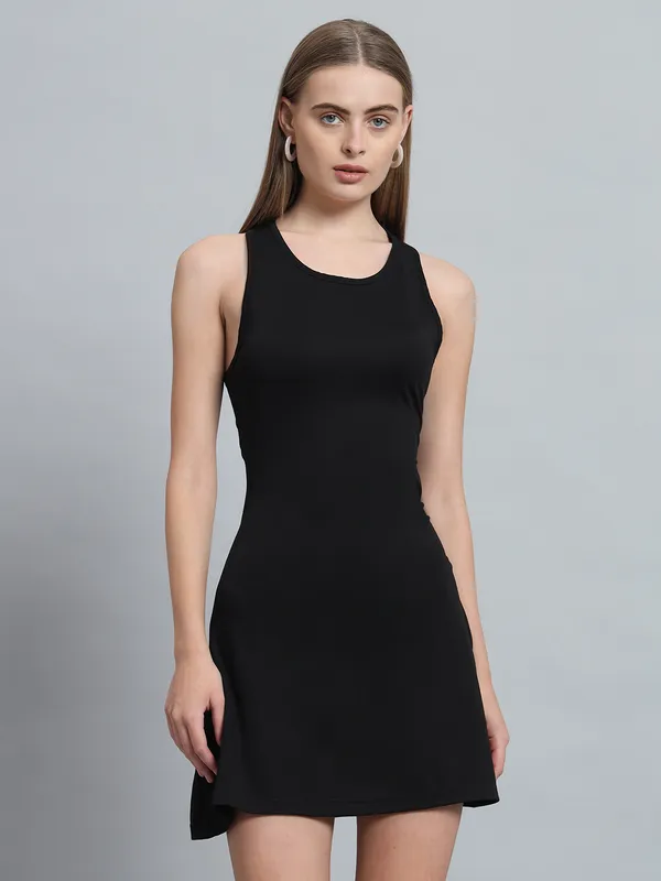Black_Cotton_Blend_Solid_Sleeveless_Stretchable_Skater_Dress_For_Women_&_Girls
