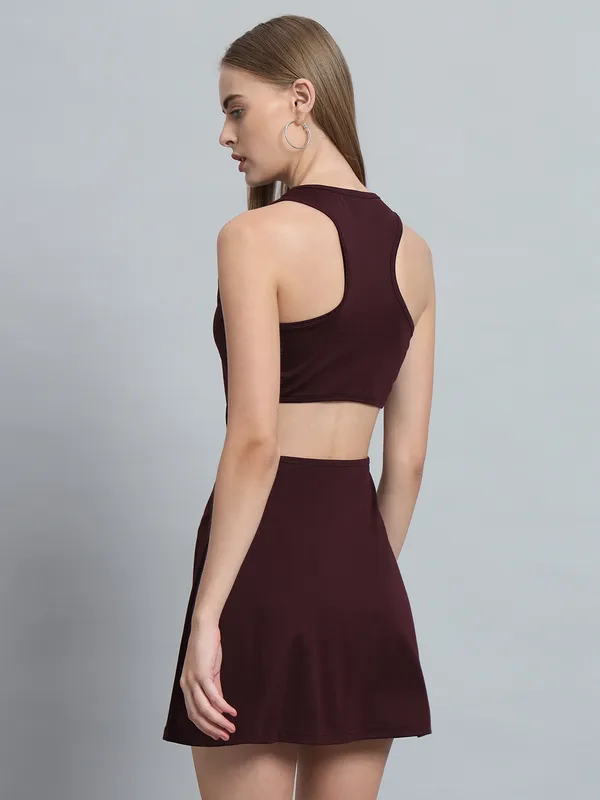 Wine_Cotton_Blend_Solid_Sleeveless_Stretchable_Skater_Dress_For_Women_&_Girls