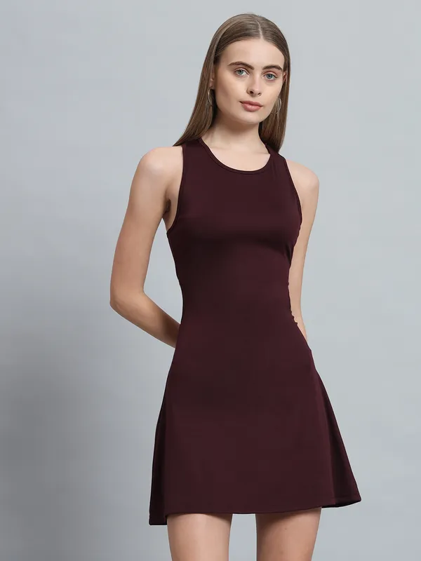 Wine_Cotton_Blend_Solid_Sleeveless_Stretchable_Skater_Dress_For_Women_&_Girls