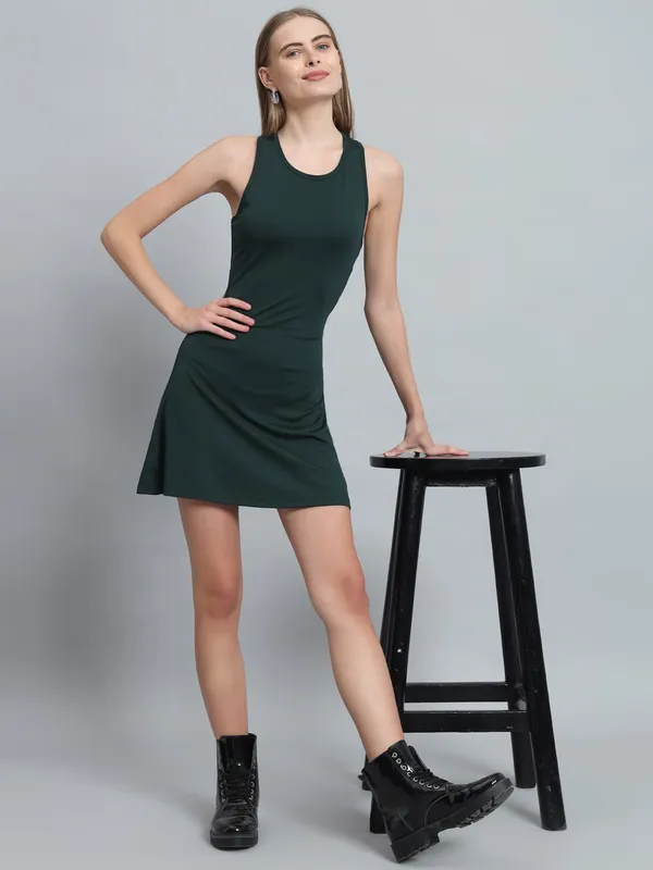 Bottle_Green_Cotton_Blend_Solid_Sleeveless_Stretchable_Skater_Dress_For_Women_&_Girls