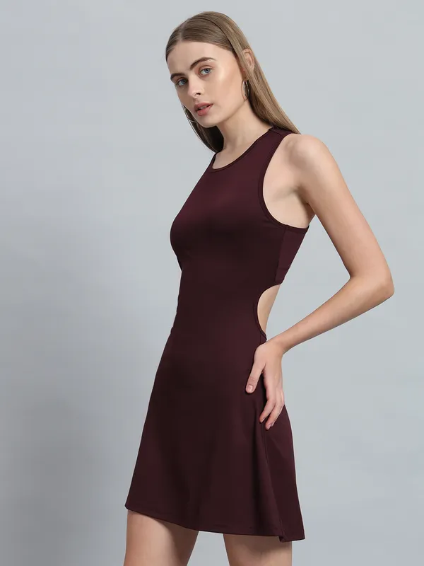Wine_Cotton_Blend_Solid_Sleeveless_Stretchable_Skater_Dress_For_Women_&_Girls