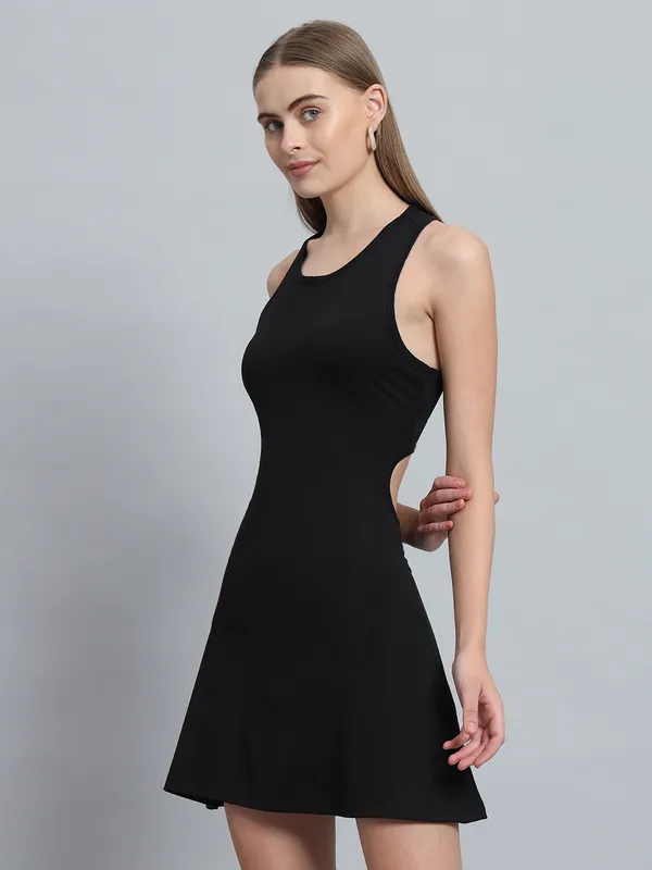Black_Cotton_Blend_Solid_Sleeveless_Stretchable_Skater_Dress_For_Women_&_Girls