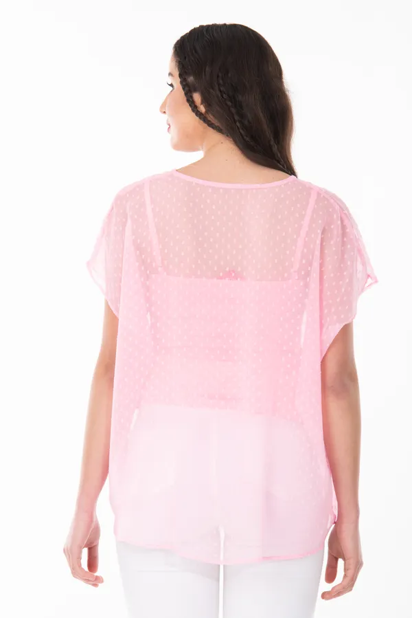 Baby_Pink_V-Neck_Sheer_Dobby_Dot_Tunic_Top_For_Women_&_Girls