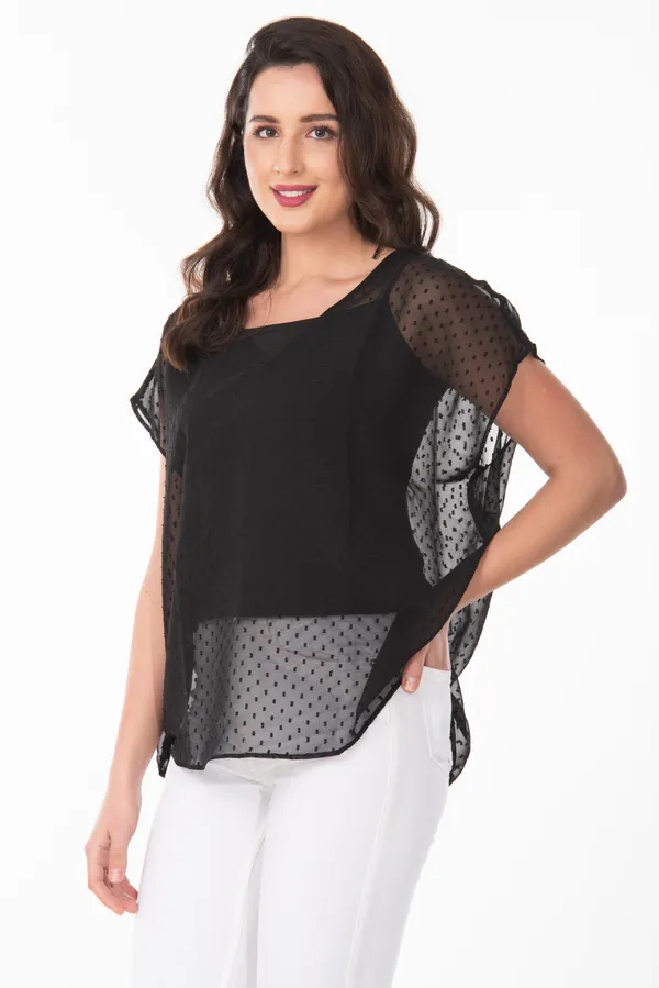 Black_V-Neck_Sheer_Dobby_Dot_Tunic_Top_For_Women_&_Girls
