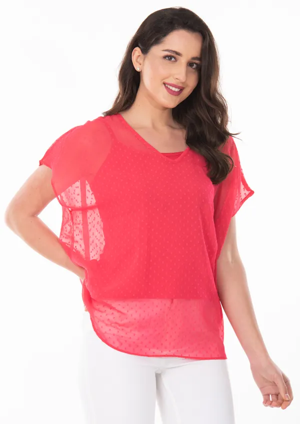 Peach_V-Neck_Sheer_Dobby_Dot_Tunic_Top_For_Women_&_Girls