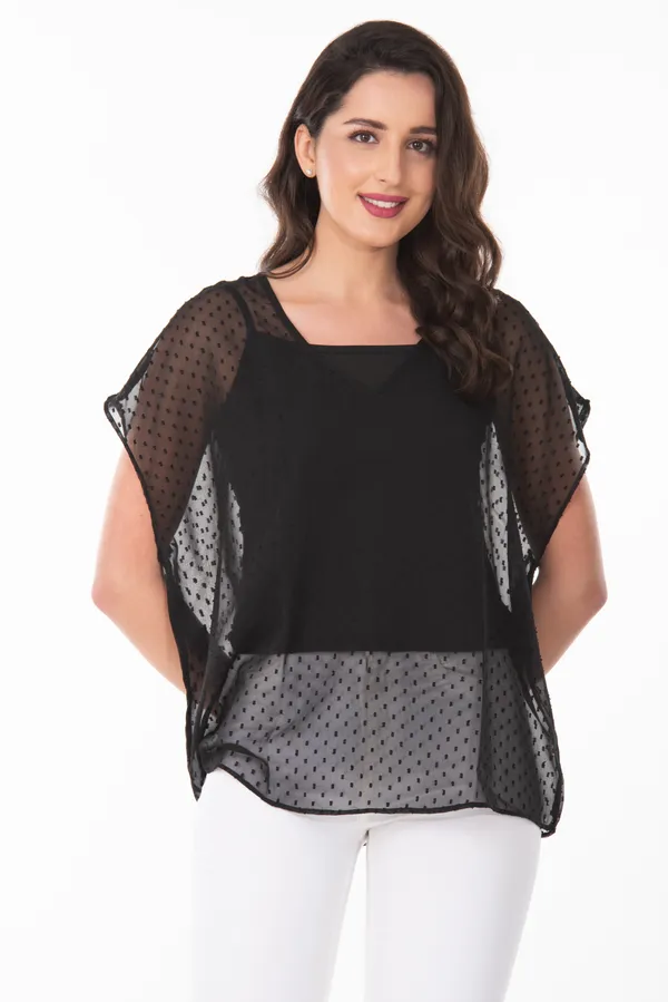 Black_V-Neck_Sheer_Dobby_Dot_Tunic_Top_For_Women_&_Girls
