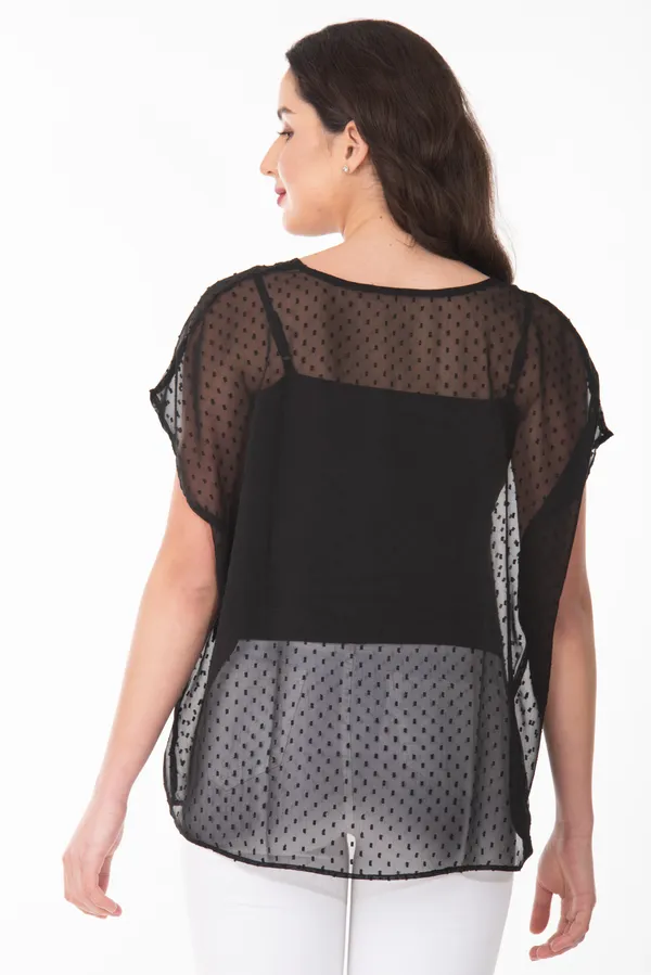 Black_V-Neck_Sheer_Dobby_Dot_Tunic_Top_For_Women_&_Girls