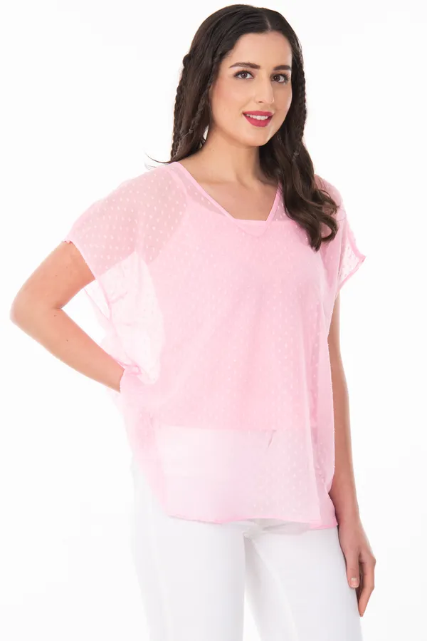 Baby_Pink_V-Neck_Sheer_Dobby_Dot_Tunic_Top_For_Women_&_Girls