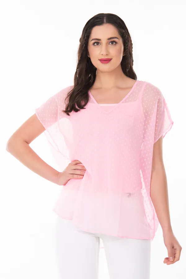 Baby_Pink_V-Neck_Sheer_Dobby_Dot_Tunic_Top_For_Women_&_Girls