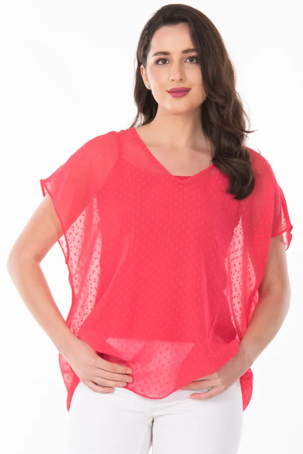 Peach_V-Neck_Sheer_Dobby_Dot_Tunic_Top_For_Women_&_Girls