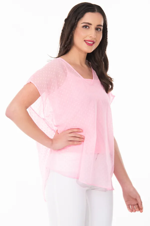 Baby_Pink_V-Neck_Sheer_Dobby_Dot_Tunic_Top_For_Women_&_Girls