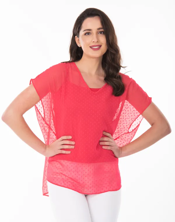 Peach_V-Neck_Sheer_Dobby_Dot_Tunic_Top_For_Women_&_Girls
