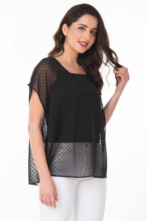 Black_V-Neck_Sheer_Dobby_Dot_Tunic_Top_For_Women_&_Girls
