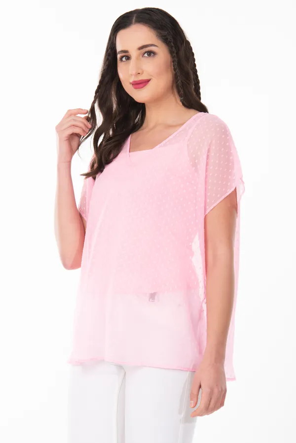 Baby_Pink_V-Neck_Sheer_Dobby_Dot_Tunic_Top_For_Women_&_Girls