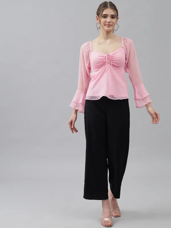 Baby_Pink_Sweetheart_Neck_Flared_Sleeves_Sheer_Dobby_Dot_Ruched_Front_Peplum_Top_For_Women_&_Girls