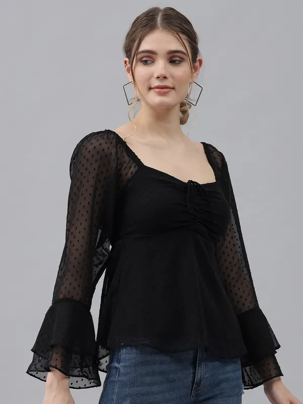 Black_Dobby_Dots_Dobby_Dots_Sweetheart_Neck_Flared_Sleeves_Sheer_Dobby_Dot_Ruched_Front_Peplum_Top_For_Women_&_Girls