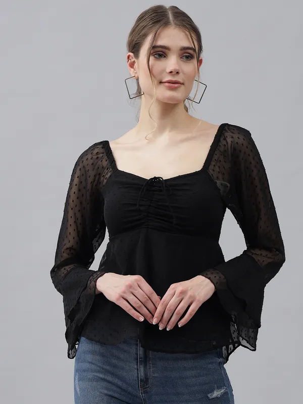 Black_Dobby_Dots_Dobby_Dots_Sweetheart_Neck_Flared_Sleeves_Sheer_Dobby_Dot_Ruched_Front_Peplum_Top_For_Women_&_Girls