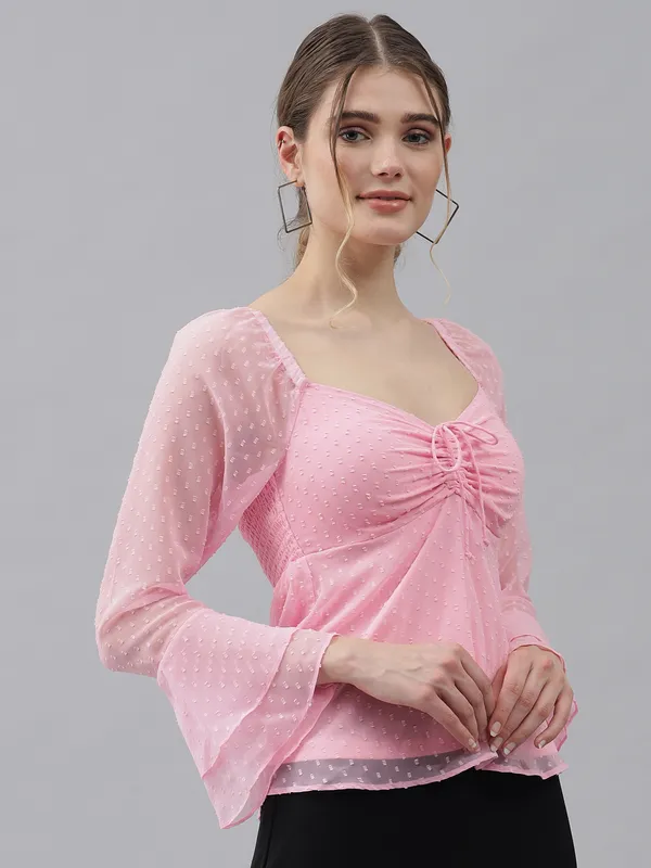Baby_Pink_Sweetheart_Neck_Flared_Sleeves_Sheer_Dobby_Dot_Ruched_Front_Peplum_Top_For_Women_&_Girls