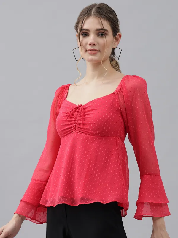 Peach_Sweetheart_Neck_Flared_Sleeves_Sheer_Dobby_Dot_Ruched_Front_Peplum_Top_For_Women_&_Girls